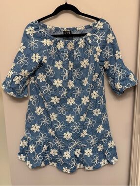 Women’s Blue Floral Embroidered Off-Shoulder Dress